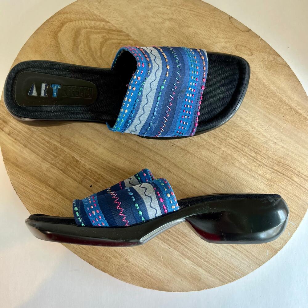 Art Effects Blue Embroidered Square Toe Chunky Slide Sandals Brazil Size 8